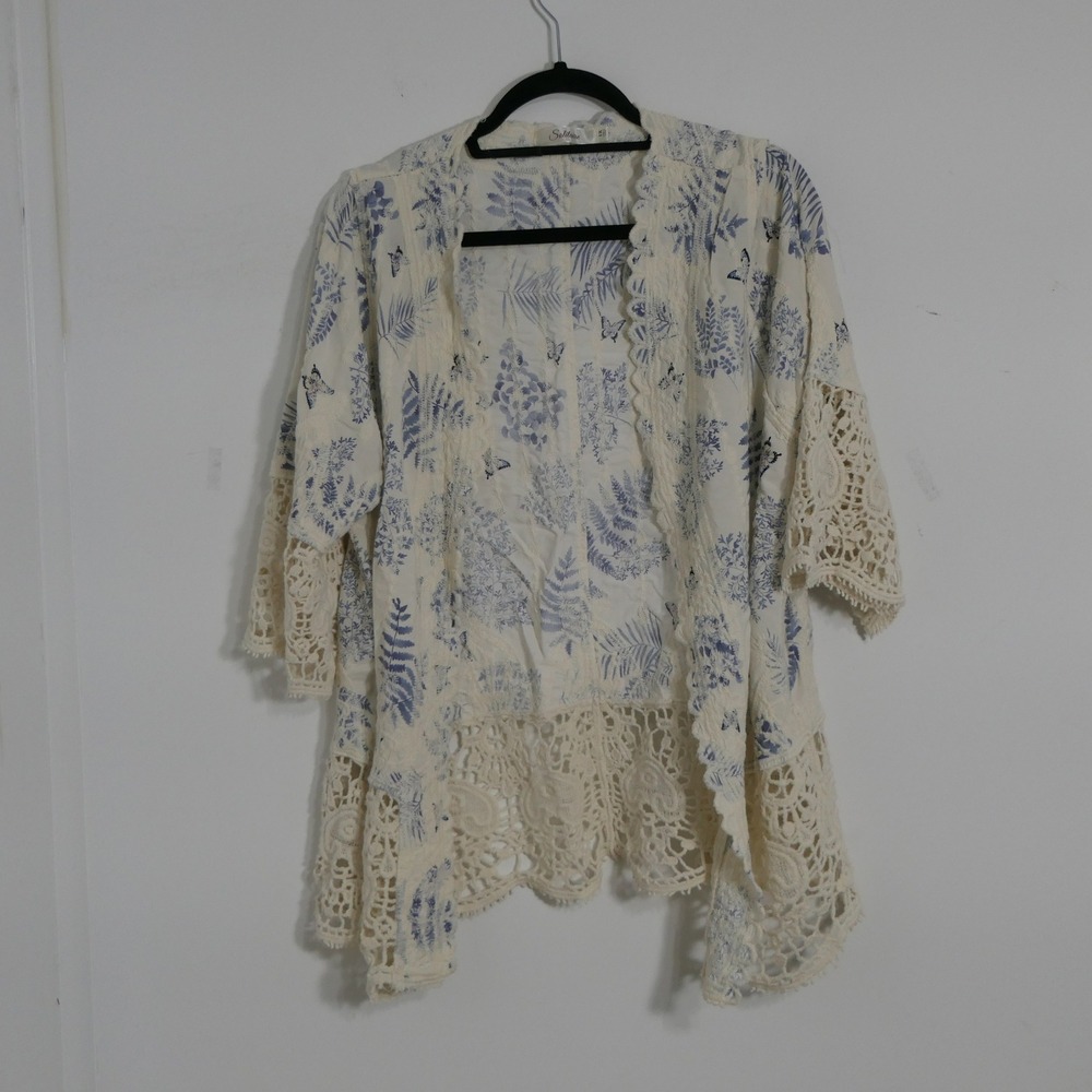 Solitaire‎ Women Kimono Duster 1X Cream Blue Cottagecore Crochet Lace Butterfly